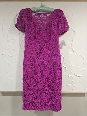 Theia• NWT Women's Fuchsia Lace Sheath Dress. Sz 4